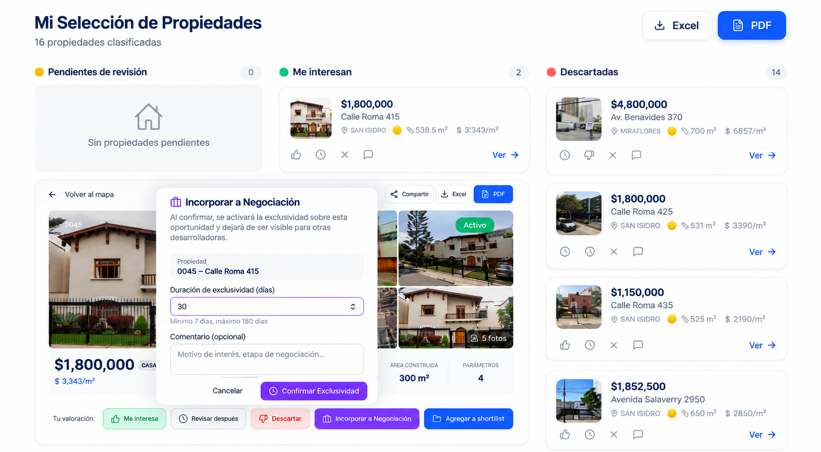 Developia Platform — Mi Selección de Propiedades: clasificación, interés y negociación de oportunidades